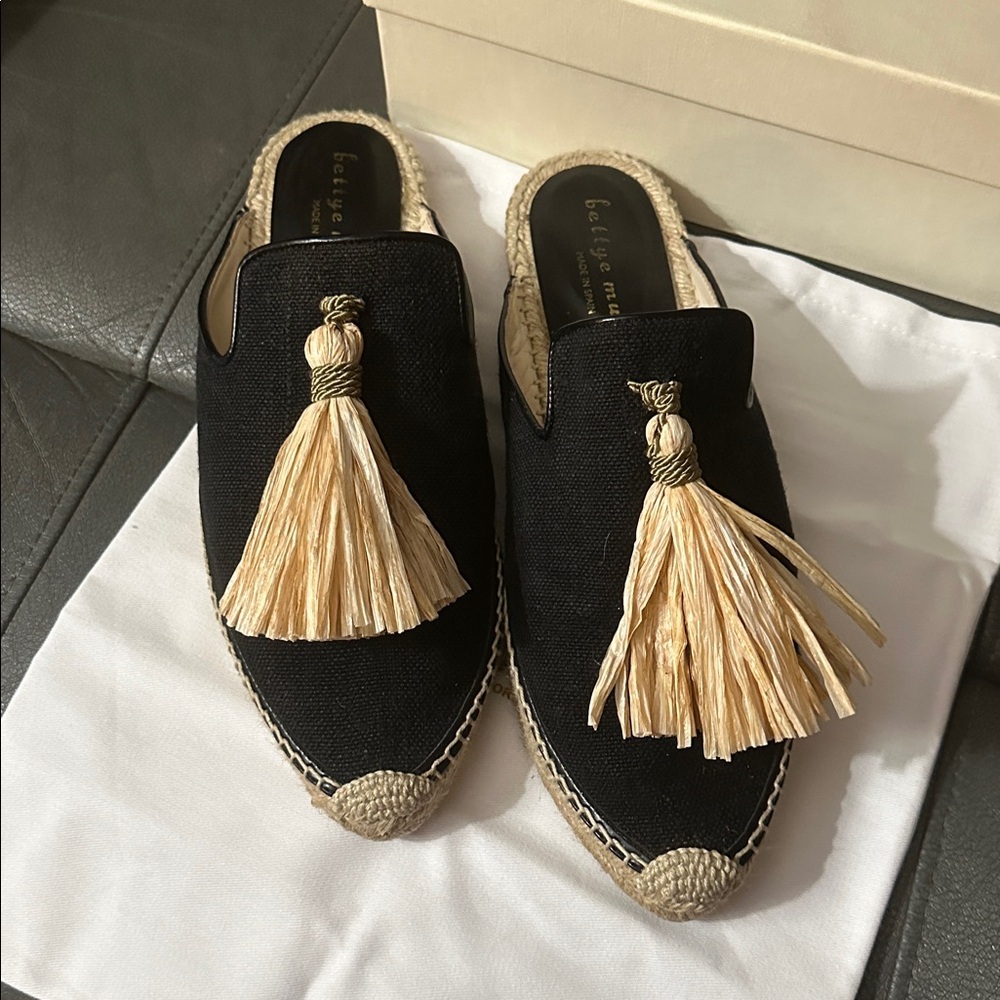 bettye muller Black Canvas Espadrille Mules with Natural Raffia Tassels